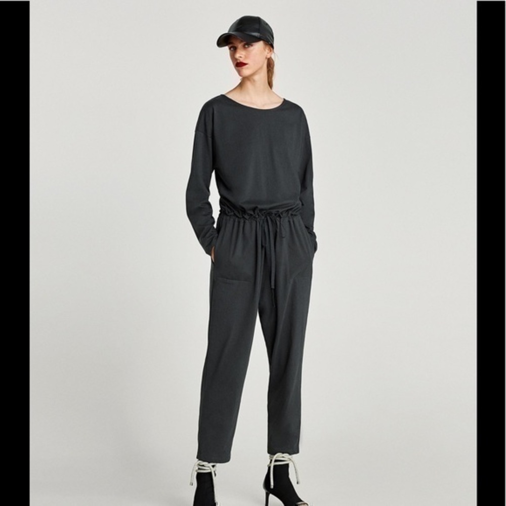 NEW Zara gray gathered waist jumpsuit POCKETS tie waist wide leg zip back small